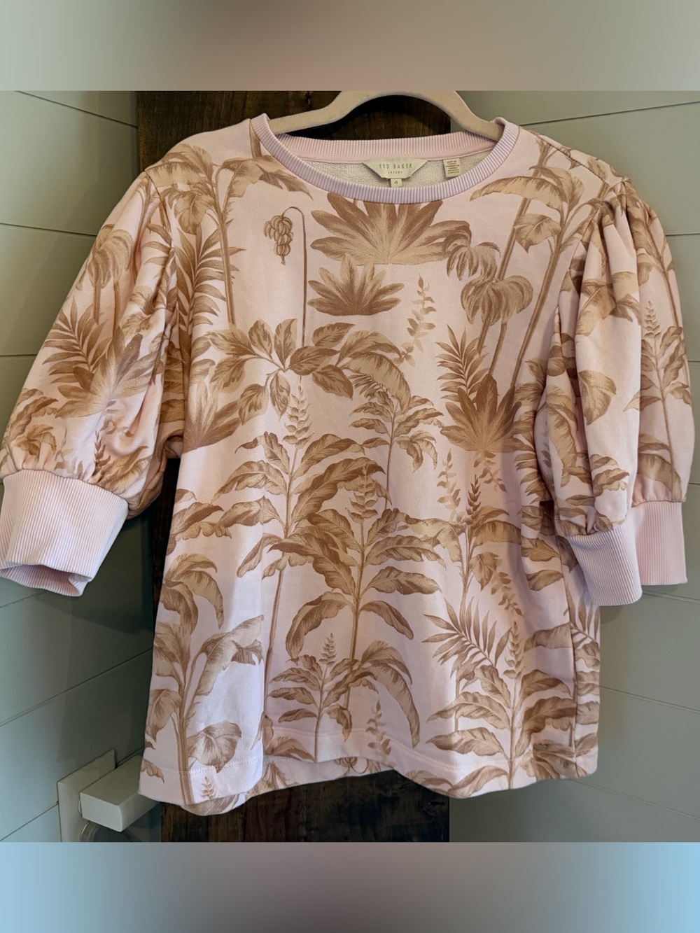 Ted Baker Blush Pink Tropical-Print Puff Sleeve Sweatshirt